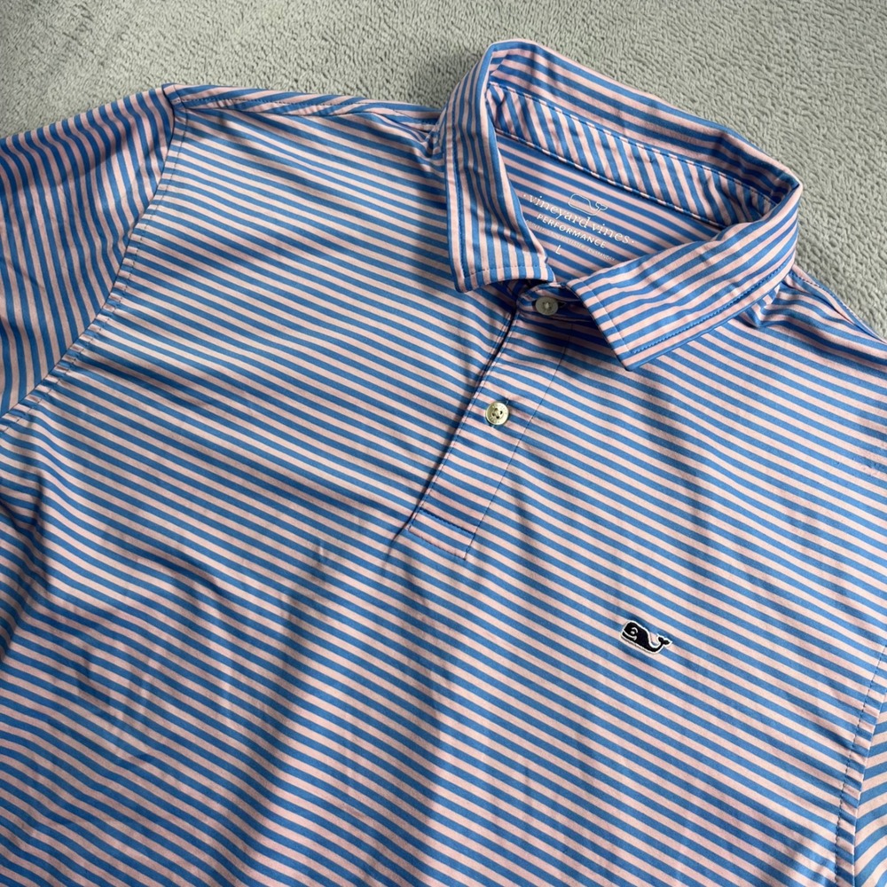 Vineyard Vines Performance Polo Shirt Mens Large Blue Pink Striped Short Sleeve
